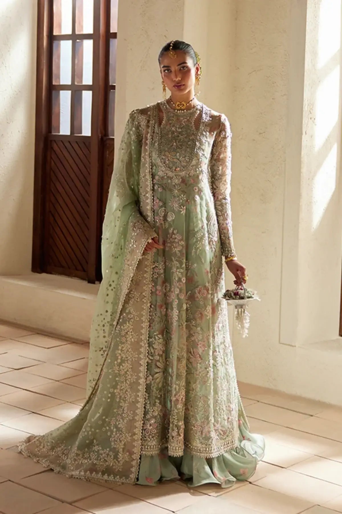 Calene pistachio green floral organza wedding formal pishwas with lilac pink gold embroidery, chiffon slip and sequin embroidered dupatta