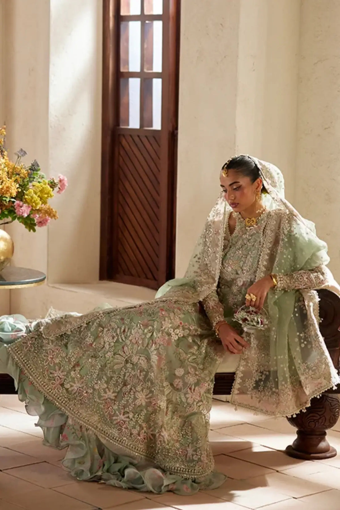 Calene pistachio green floral organza wedding formal pishwas with lilac pink gold embroidery, chiffon slip and sequin embroidered dupatta