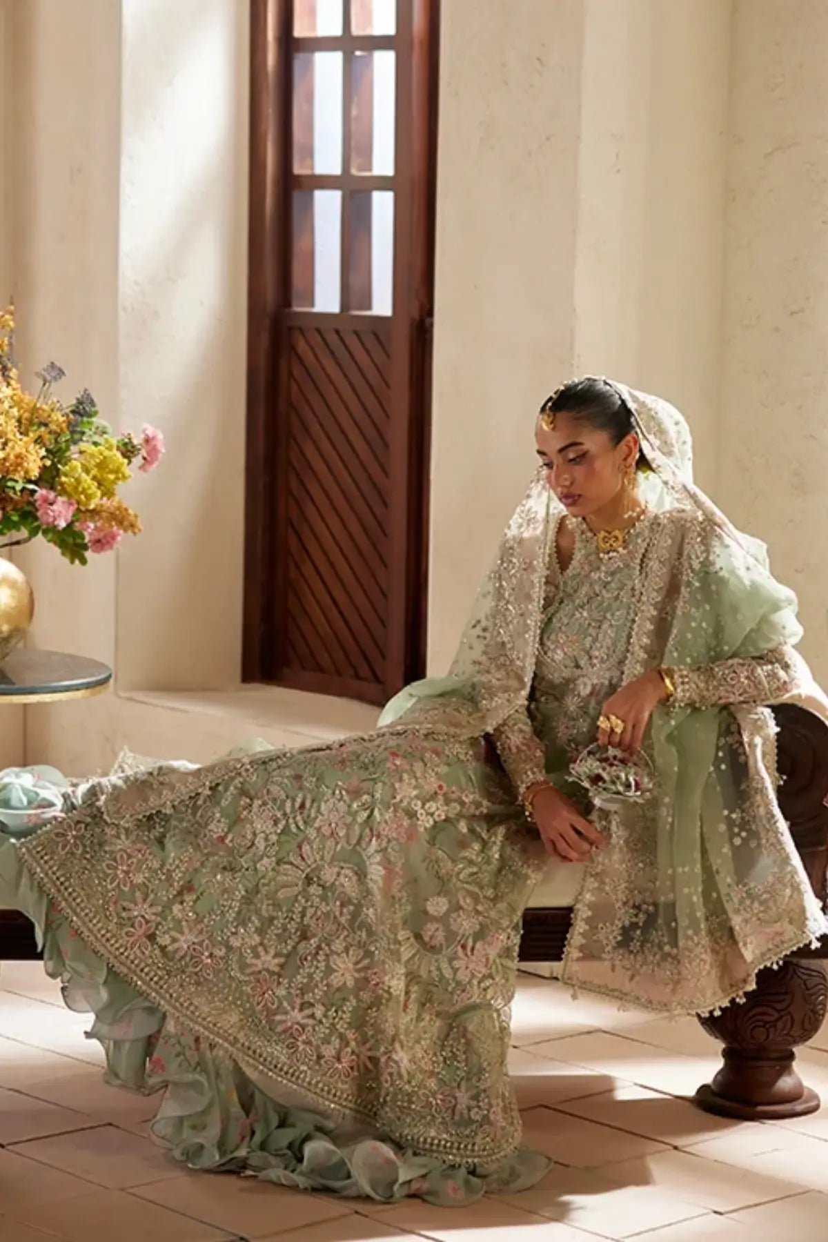 Calene pistachio green floral organza wedding formal pishwas with lilac pink gold embroidery, chiffon slip and sequin embroidered dupatta