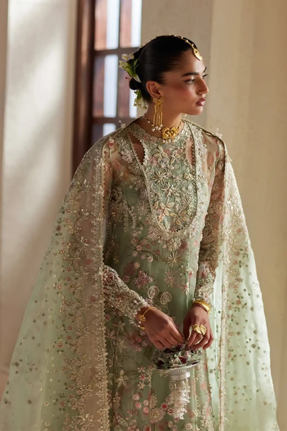 Calene pistachio green floral organza wedding formal pishwas with lilac pink gold embroidery, chiffon slip and sequin embroidered dupatta