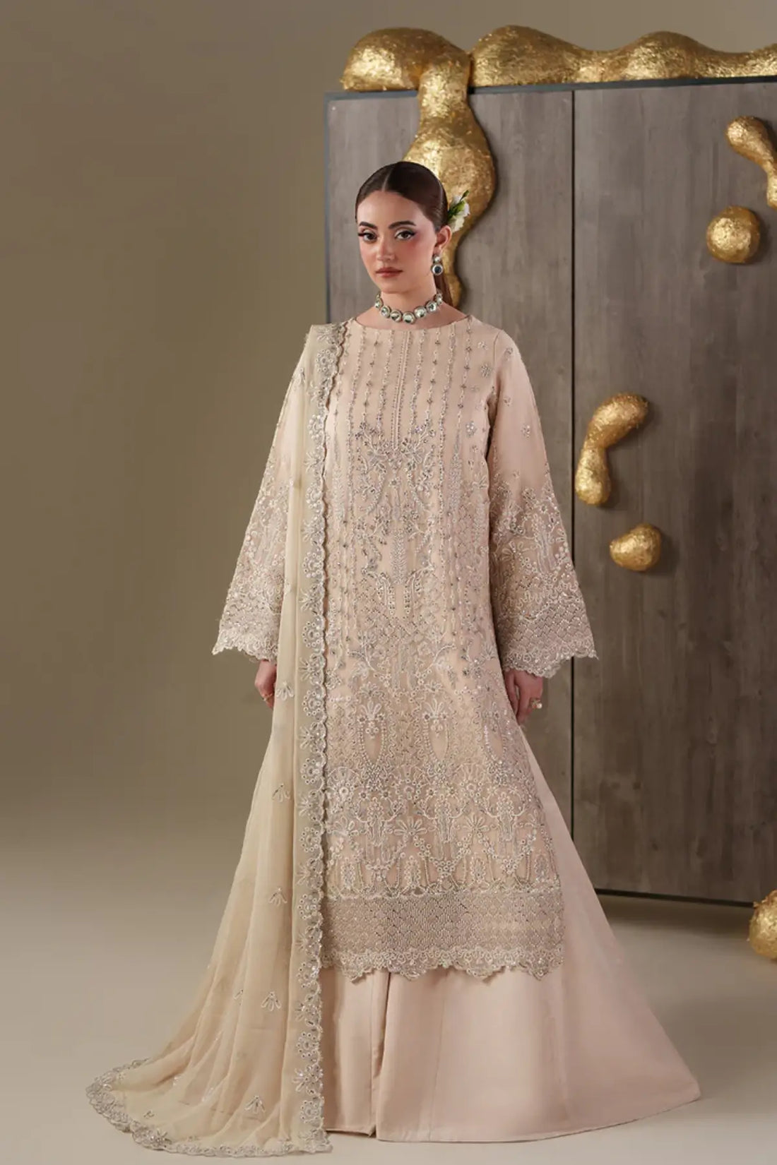 Camallie Emaan Adeel Nouvelle Luxury Chiffon Beige Embroidered Stitched 3PC Suit | Pakistanimoda