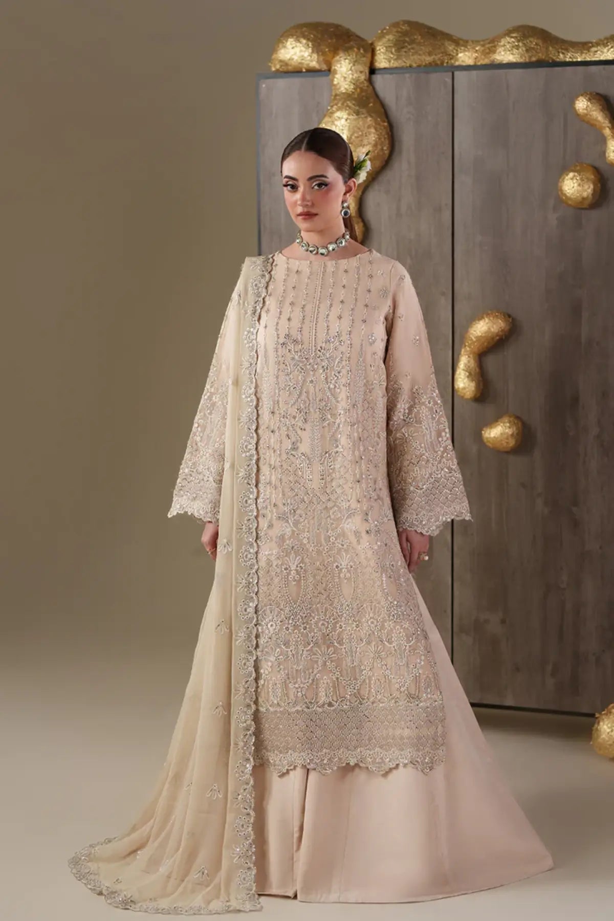 Camallie Emaan Adeel Nouvelle Luxury Chiffon Beige Embroidered Stitched 3PC Suit | Pakistanimoda