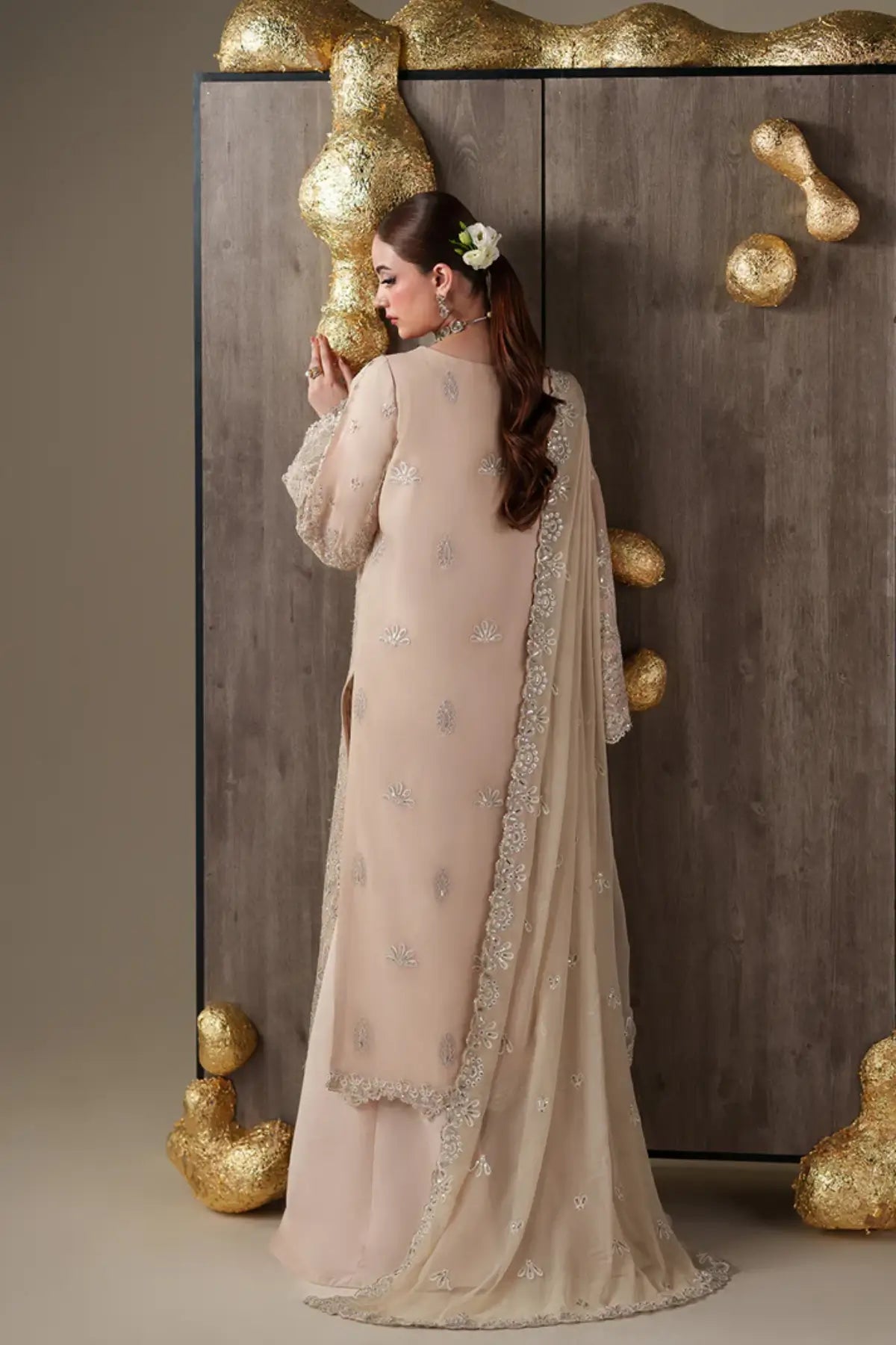 Camallie Emaan Adeel Nouvelle Luxury Chiffon Beige Embroidered Stitched 3PC Suit | Pakistanimoda