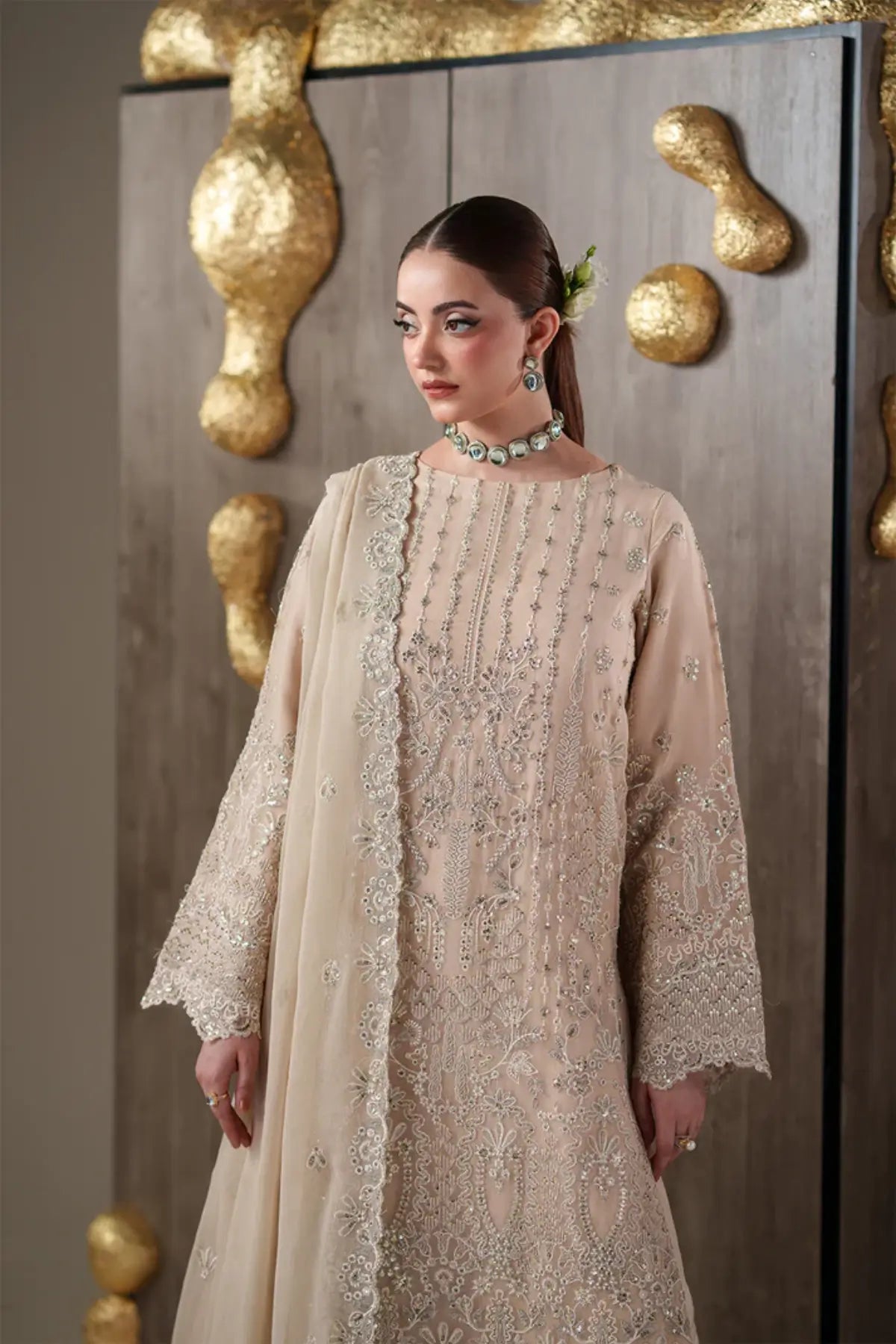 Camallie Emaan Adeel Nouvelle Luxury Chiffon Beige Embroidered Stitched 3PC Suit | Pakistanimoda
