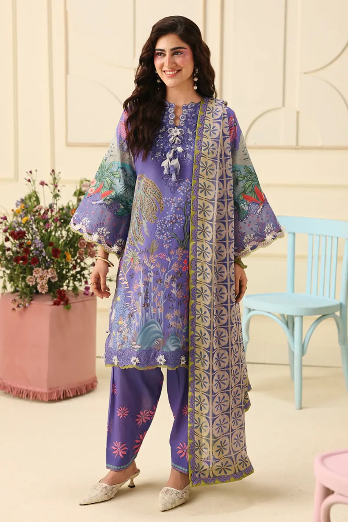 Camellia Kiss Mushq Soleil Prints purple stitched lawn 3PC suit with chiffon dupatta and organza embroidery