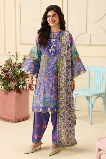 Camellia Kiss Mushq Soleil Prints purple stitched lawn 3PC suit with chiffon dupatta and organza embroidery
