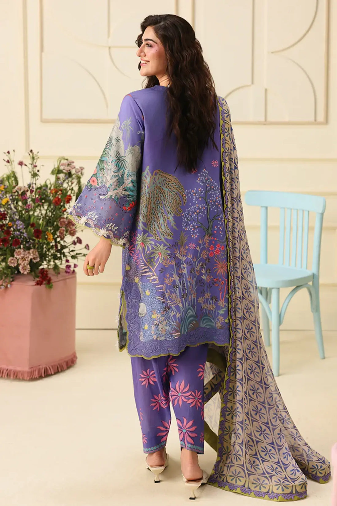 Camellia Kiss Mushq Soleil Prints purple stitched lawn 3PC suit with chiffon dupatta and organza embroidery