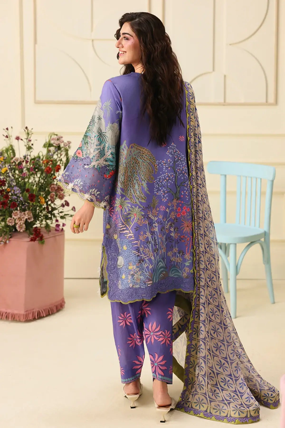 Camellia Kiss Mushq Soleil Prints purple stitched lawn 3PC suit with chiffon dupatta and organza embroidery