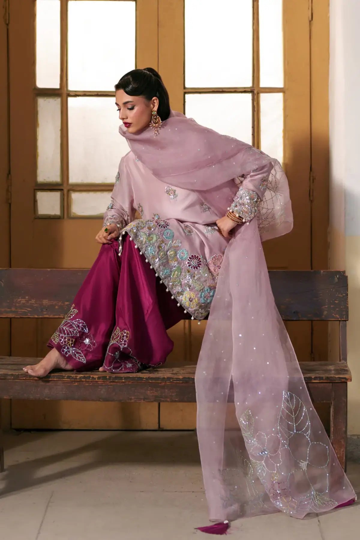 Camellia blush pink tussar silk stitched 3PC shalwar kameez with organza dupatta formal outfit Pakistanimoda