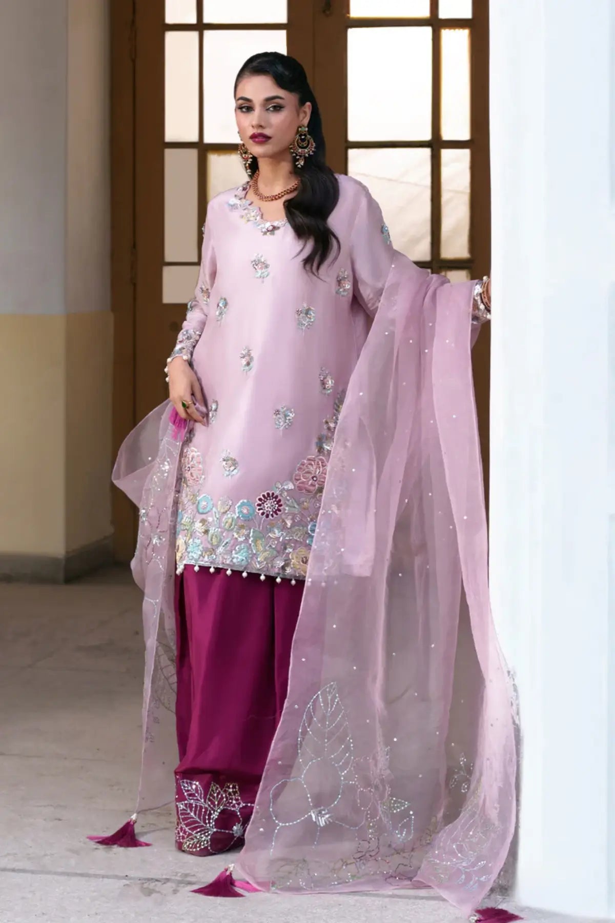 Camellia blush pink tussar silk stitched 3PC shalwar kameez with organza dupatta formal outfit Pakistanimoda