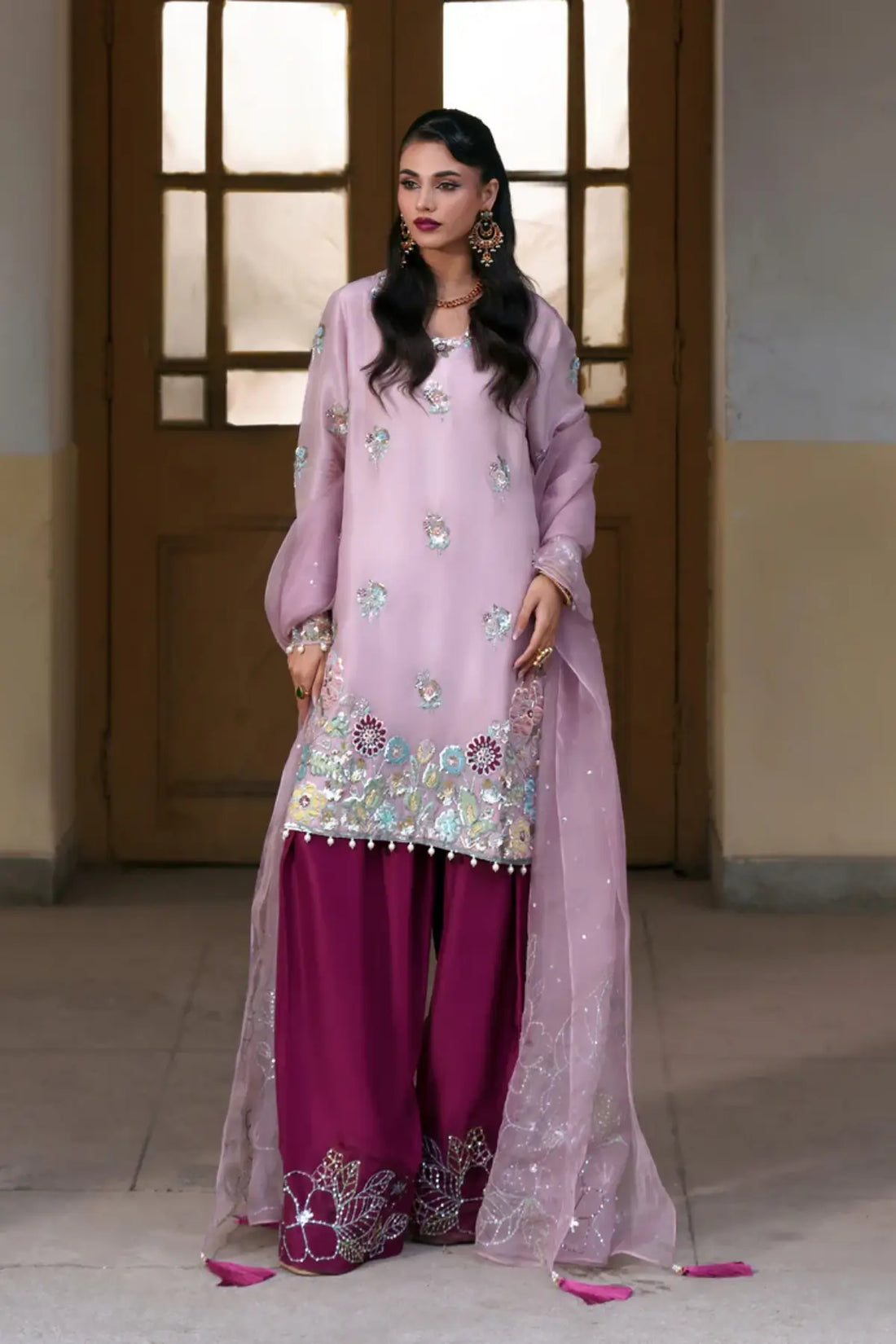 Camellia blush pink tussar silk stitched 3PC shalwar kameez with organza dupatta formal outfit Pakistanimoda