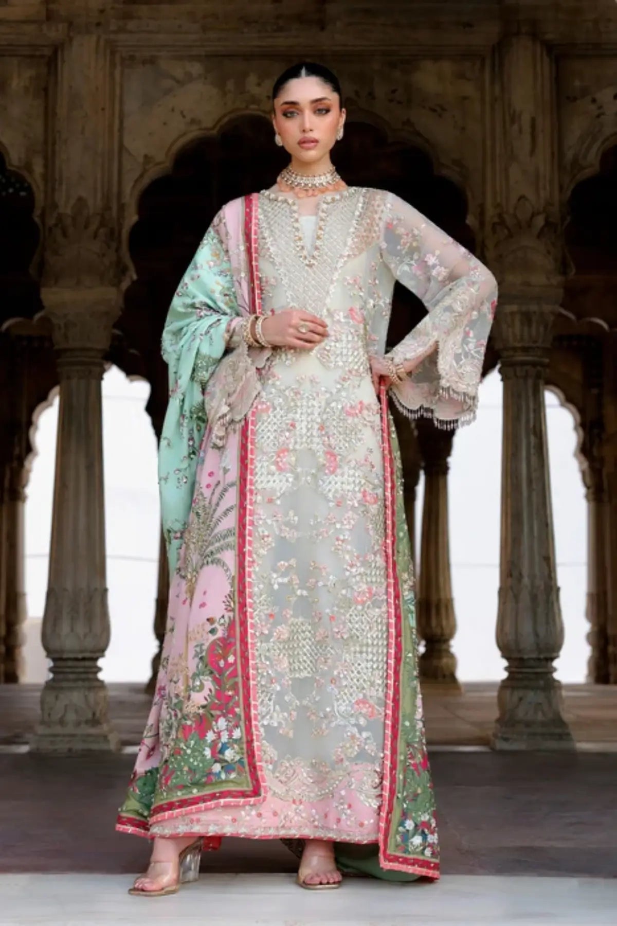 Saira Shakira Wedding Camellia off white embroidered organza wedding formal suit with raw silk trousers and printed silk dupatta