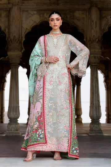 Saira Shakira Wedding Camellia off white embroidered organza wedding formal suit with raw silk trousers and printed silk dupatta
