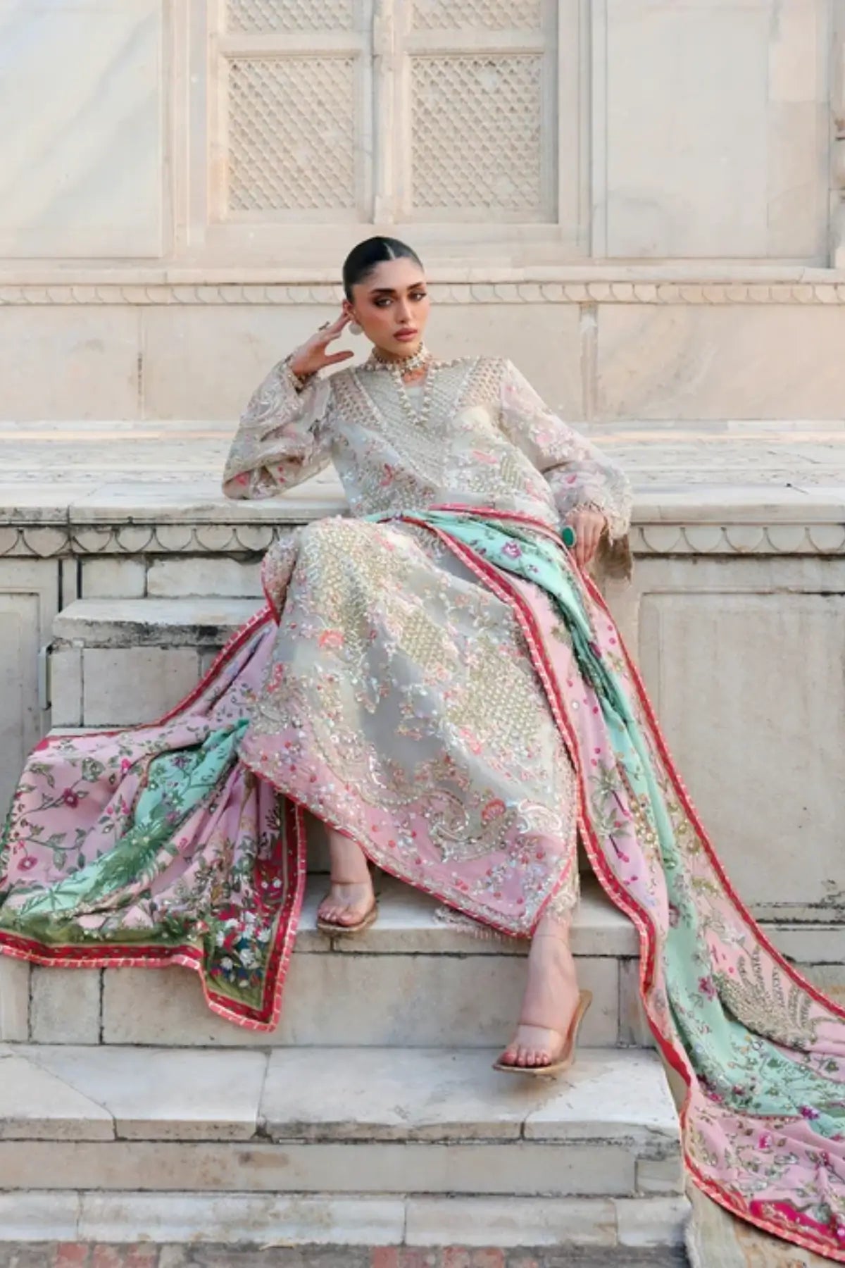 Saira Shakira Wedding Camellia off white embroidered organza wedding formal suit with raw silk trousers and printed silk dupatta
