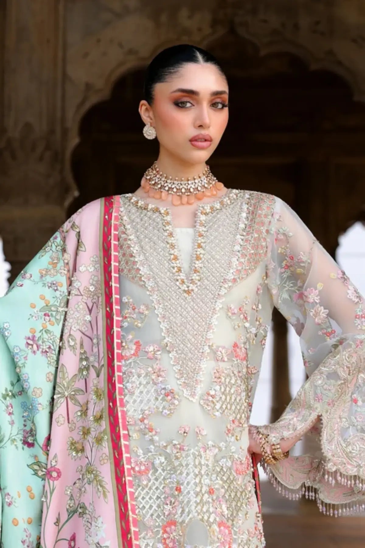 Saira Shakira Wedding Camellia off white embroidered organza wedding formal suit with raw silk trousers and printed silk dupatta
