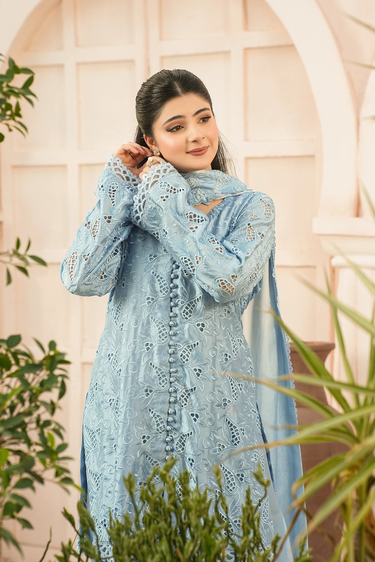Camille Powder Blue Cutwork Sheesha Silk Balloon Pants 3PC Set with 3D Appliqué Choker Dupatta by MariamRaj
