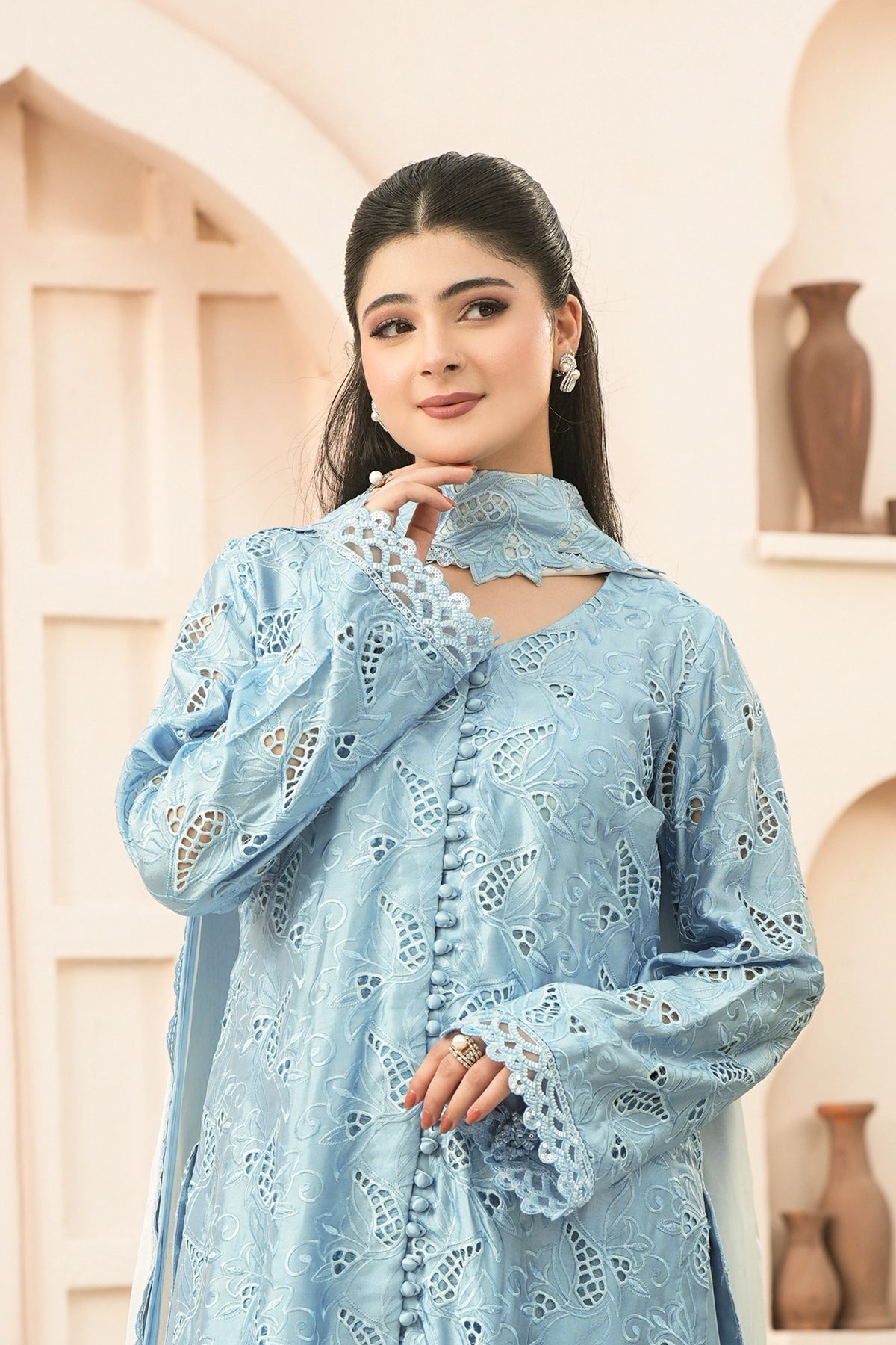 Camille Powder Blue Cutwork Sheesha Silk Balloon Pants 3PC Set with 3D Appliqué Choker Dupatta by MariamRaj