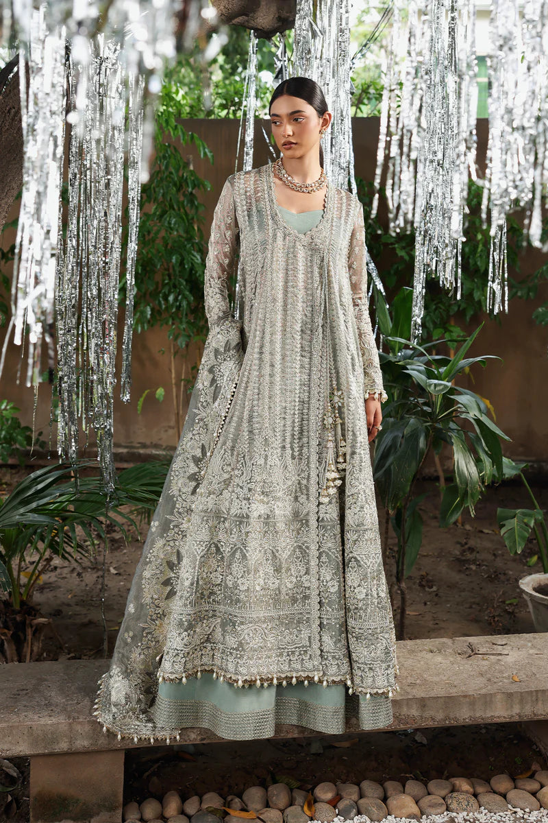 Candlenight – Afrozeh Dastangoi 2025 Dusty Grey Stitched Viscose Zari Dress with Raw Silk Lehenga and Net Dupatta – Pakistanimoda