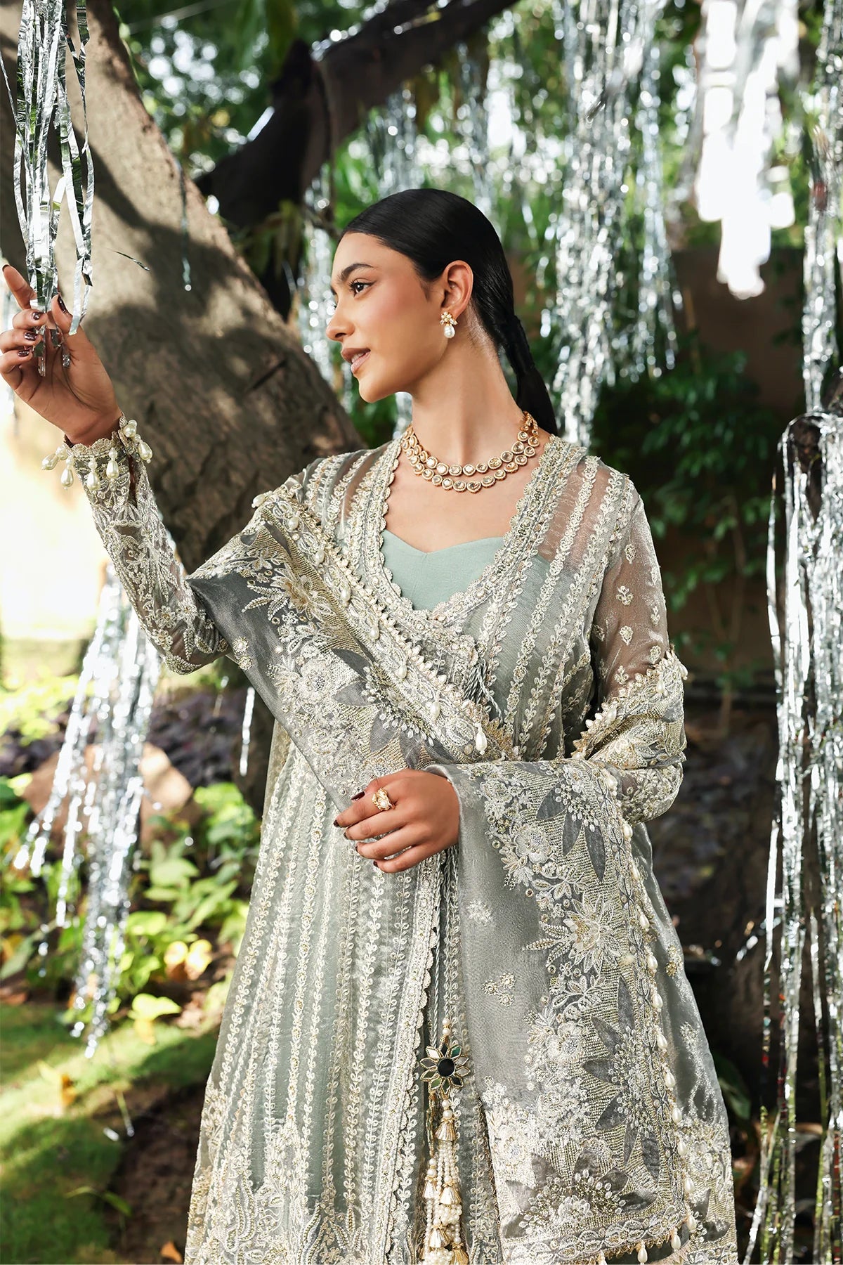 Candlenight – Afrozeh Dastangoi 2025 Dusty Grey Stitched Viscose Zari Dress with Raw Silk Lehenga and Net Dupatta – Pakistanimoda