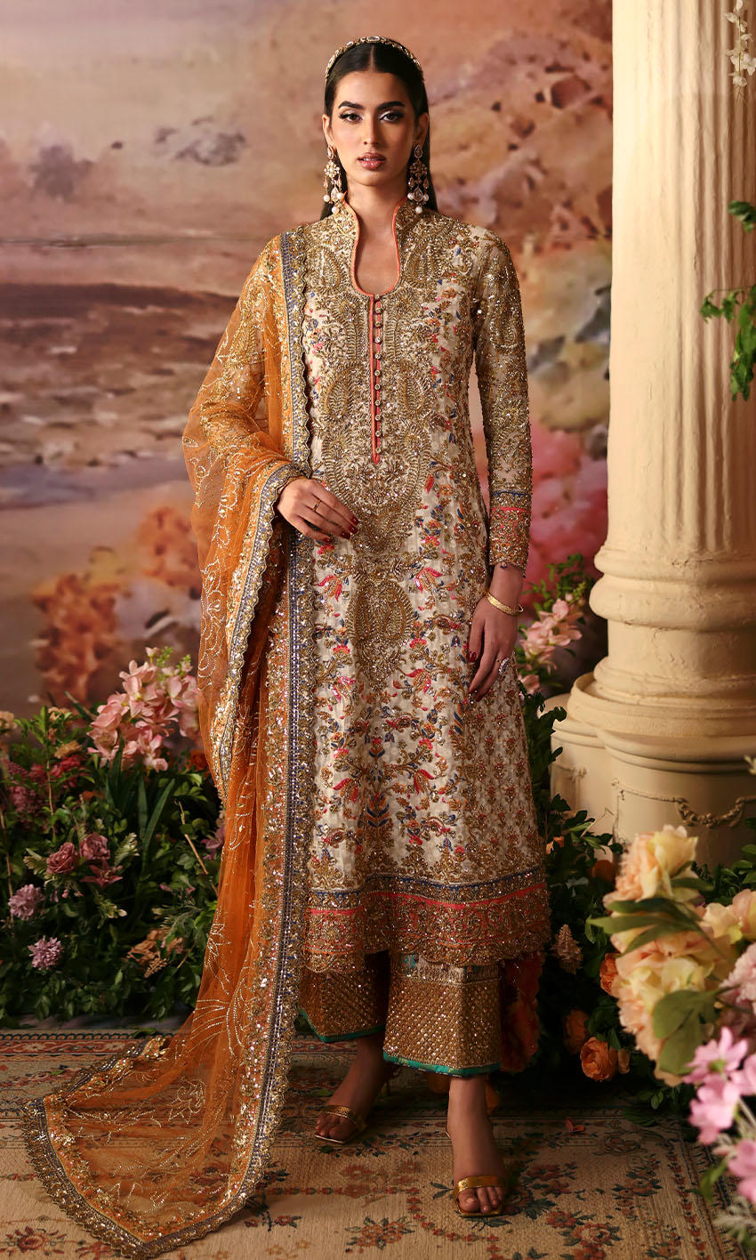 Off-white cotton net shirt with jamawar izaar and rust net dupatta – Cappuccino Foam by Pakistanimoda