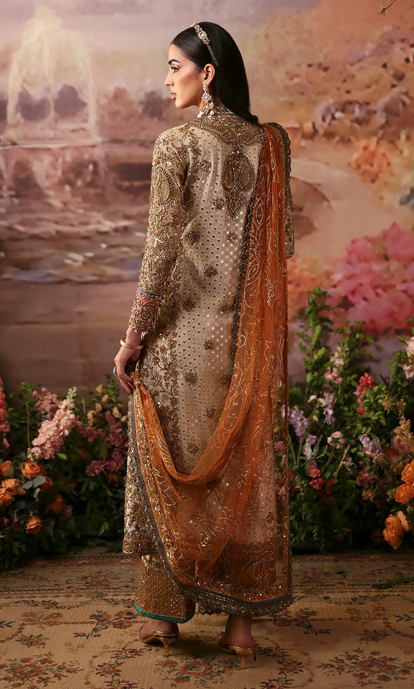 Off-white cotton net shirt with jamawar izaar and rust net dupatta – Cappuccino Foam by Pakistanimoda