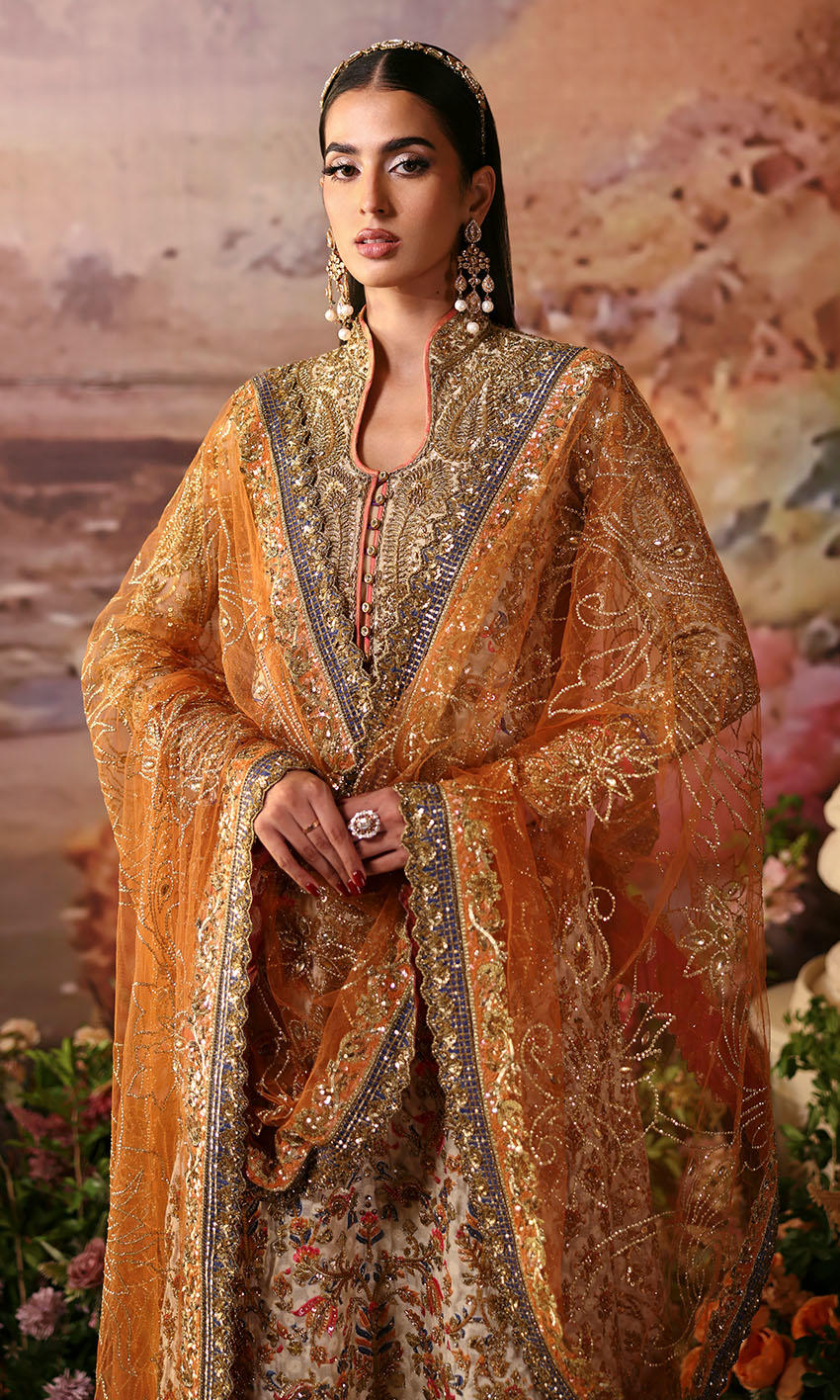 Off-white cotton net shirt with jamawar izaar and rust net dupatta – Cappuccino Foam by Pakistanimoda