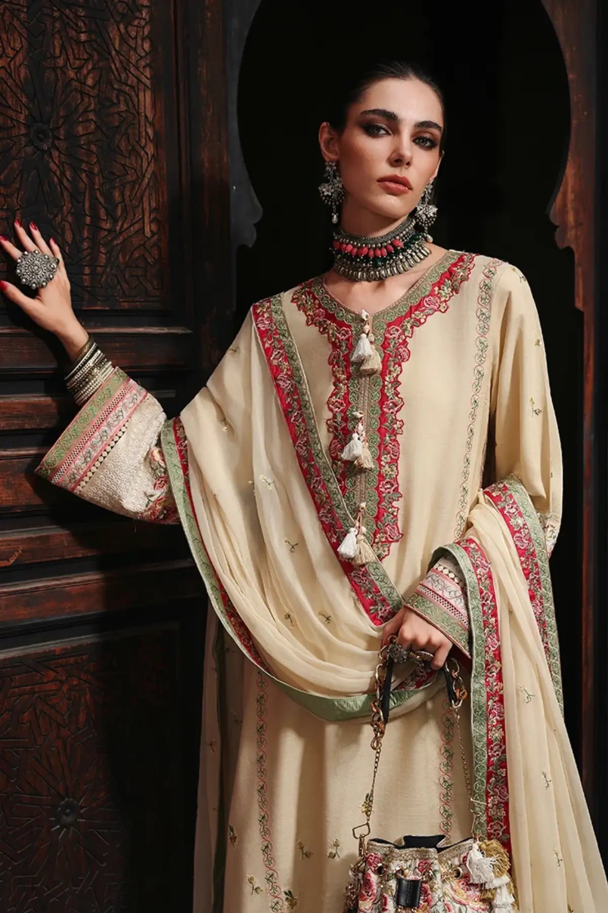 Cardinal Gem Nuvera off-white embroidered raw silk stitched 3PC suit with chiffon dupatta