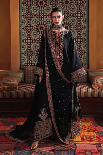 Carmine Jewel Nuvera black embroidered raw silk stitched suit with chiffon dupatta