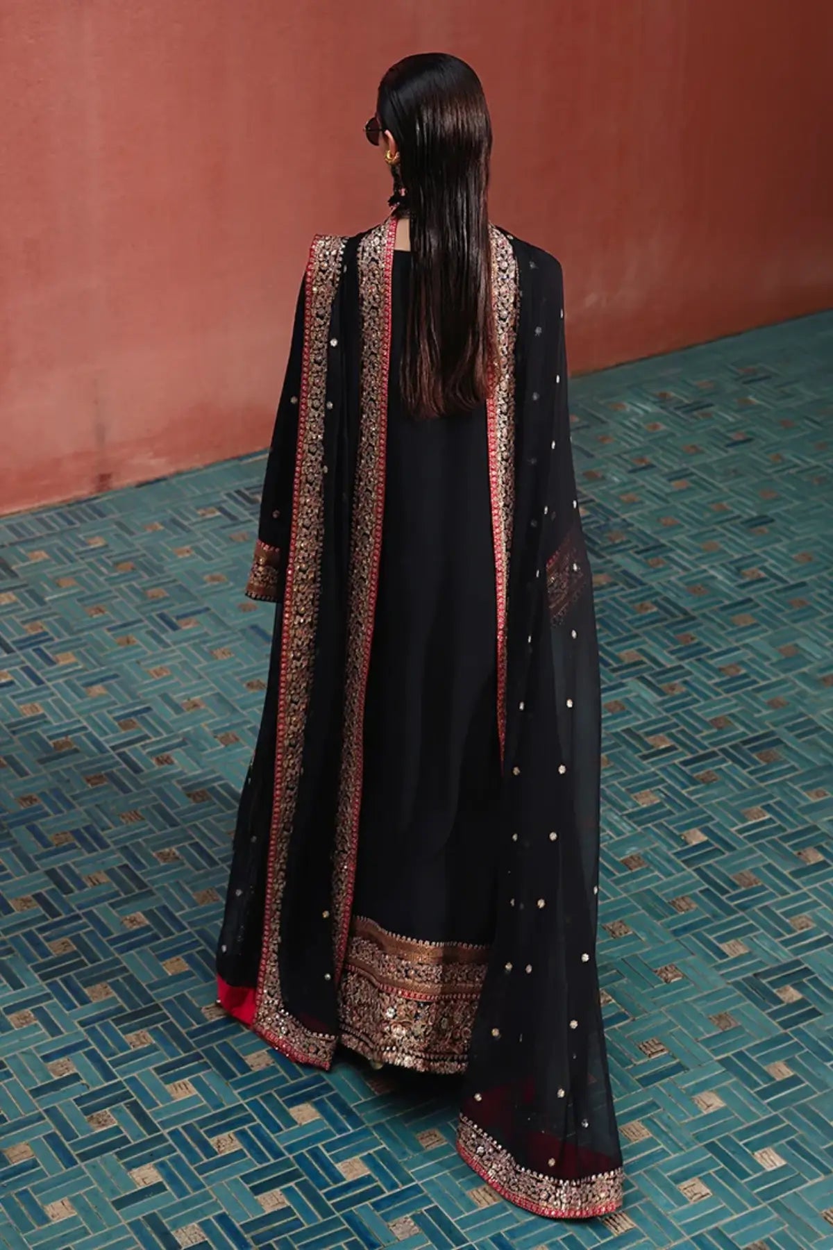Carmine Jewel Nuvera black embroidered raw silk stitched suit with chiffon dupatta