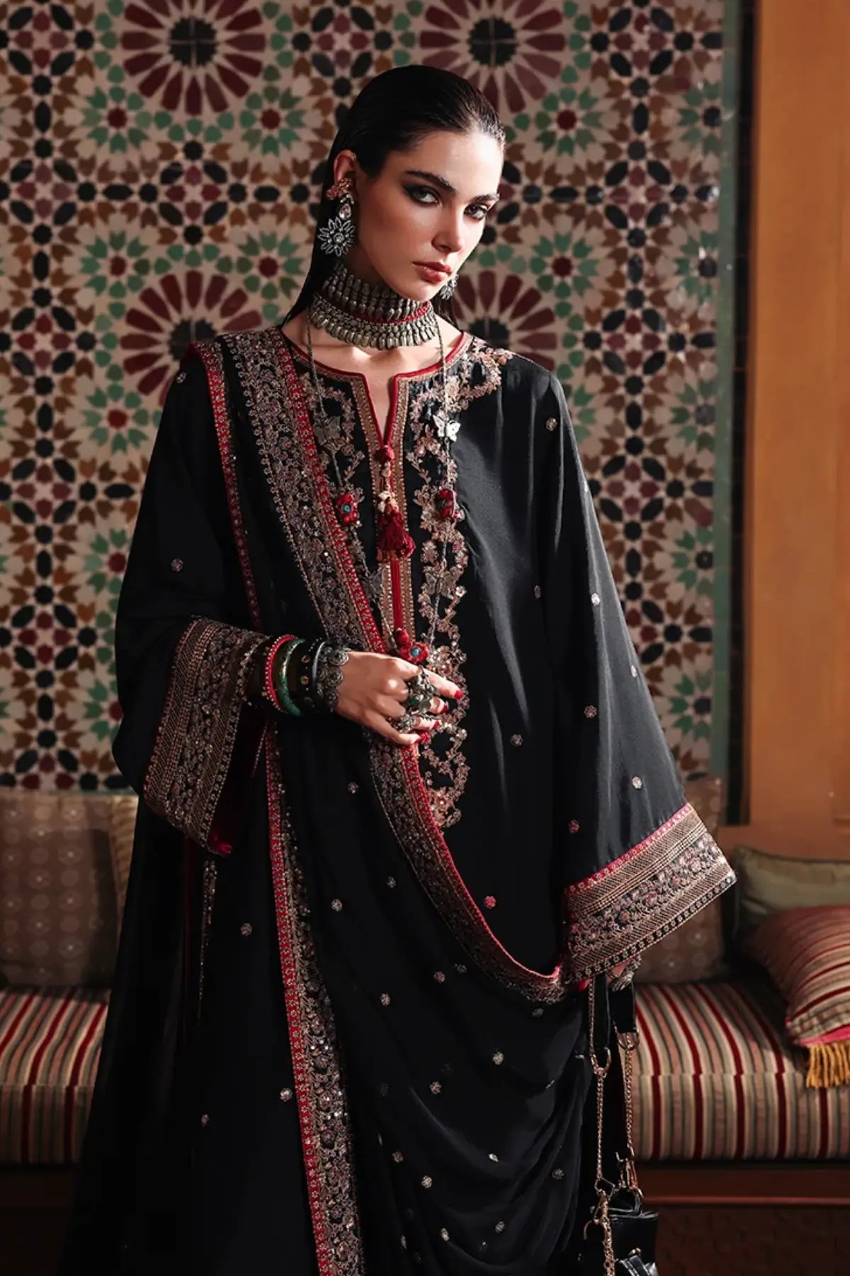 Carmine Jewel Nuvera black embroidered raw silk stitched suit with chiffon dupatta