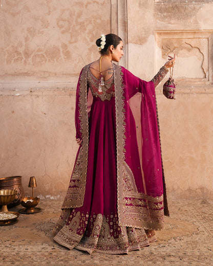 Cassia- Vivid Burgundy Embroidered Korean Raw Silk Pishwas Ensemble