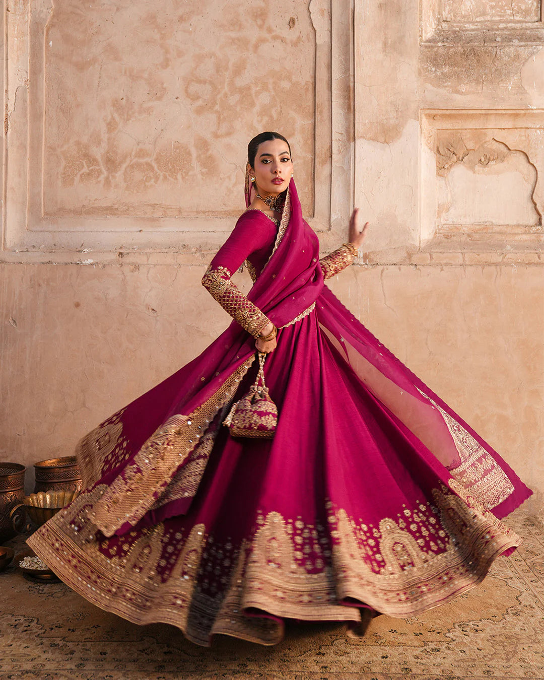 Cassia- Vivid Burgundy Embroidered Korean Raw Silk Pishwas Ensemble