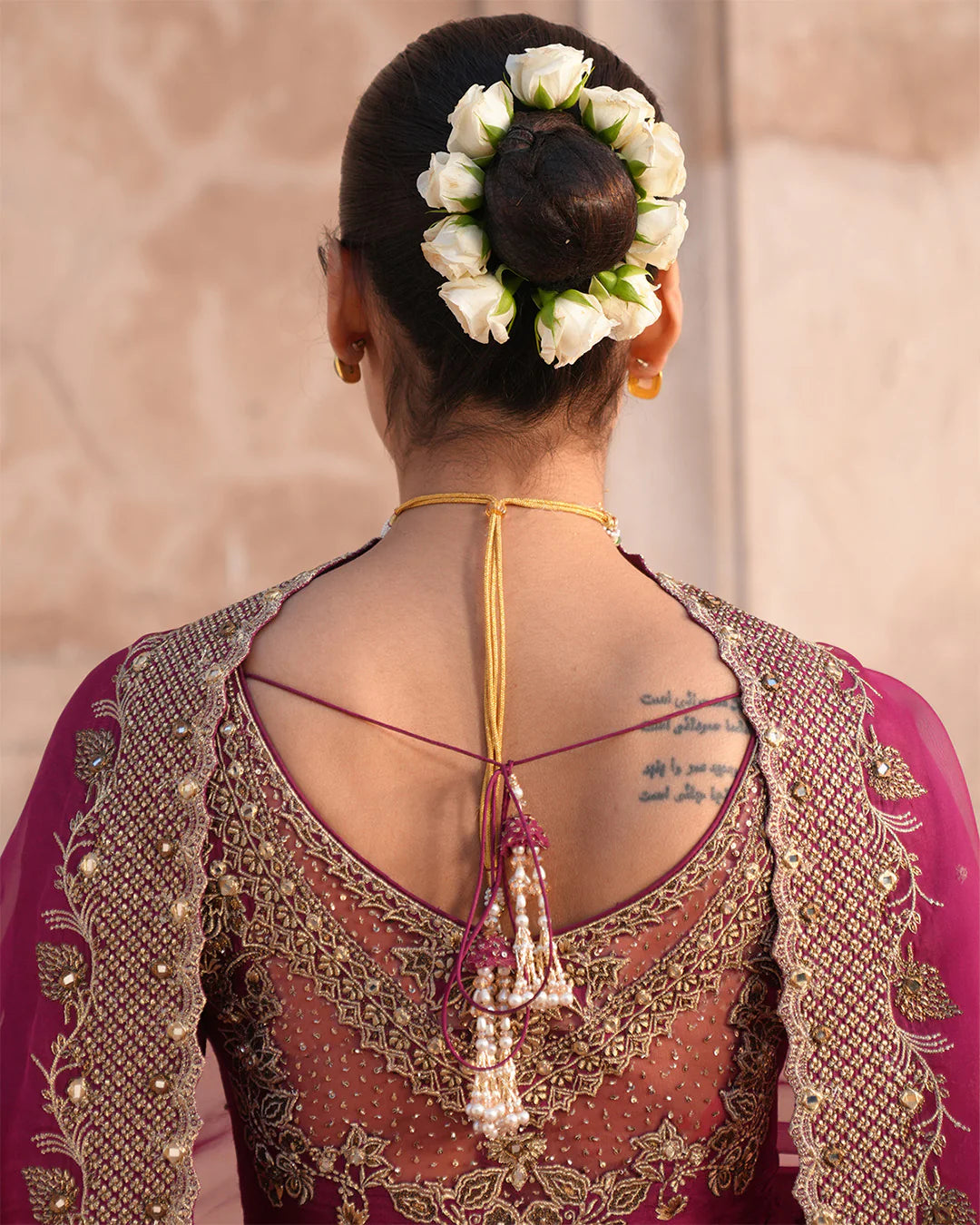 Cassia- Vivid Burgundy Embroidered Korean Raw Silk Pishwas Ensemble