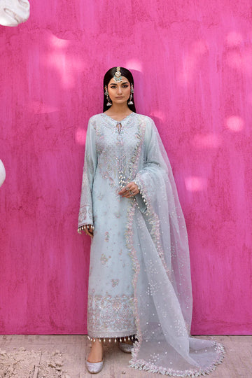 Cealina stylish ice blue organza embroidered suit with raw silk trouser and organza dupatta by Emaan Adeel, luxury pret wear for wedding guests.