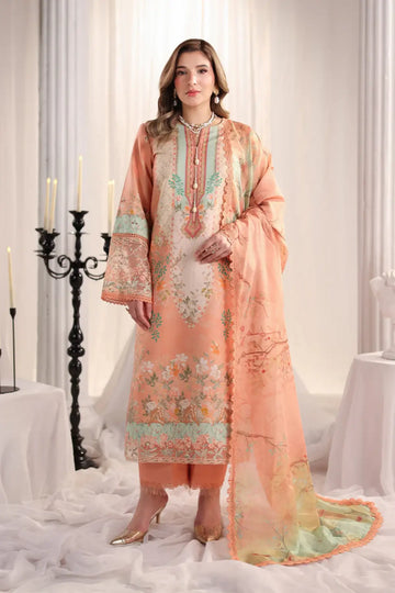 Cecilia Rang Rasiya Apricot embroidered lawn stitched 3PC suit with organza borders, crush dupatta and dyed cotton trousers