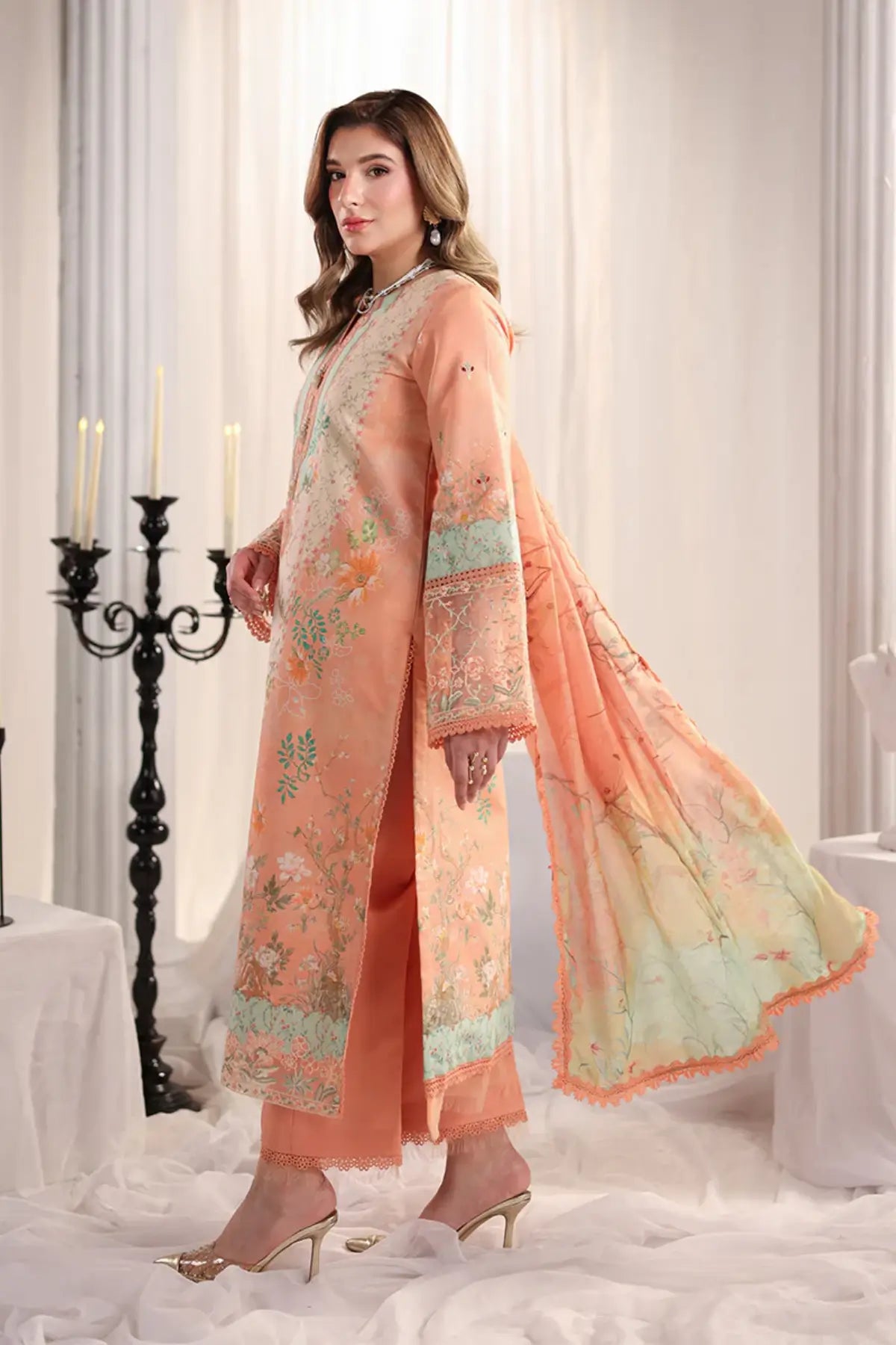 Cecilia Rang Rasiya Apricot embroidered lawn stitched 3PC suit with organza borders, crush dupatta and dyed cotton trousers