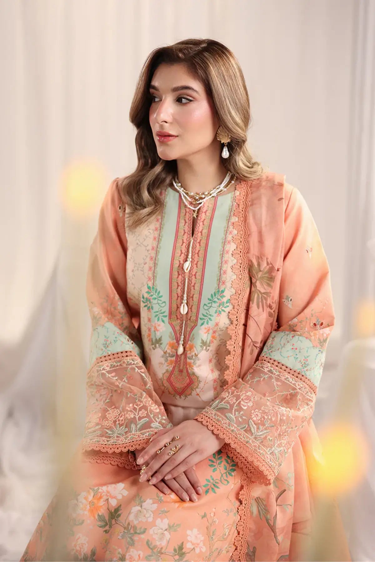 Cecilia Rang Rasiya Apricot embroidered lawn stitched 3PC suit with organza borders, crush dupatta and dyed cotton trousers