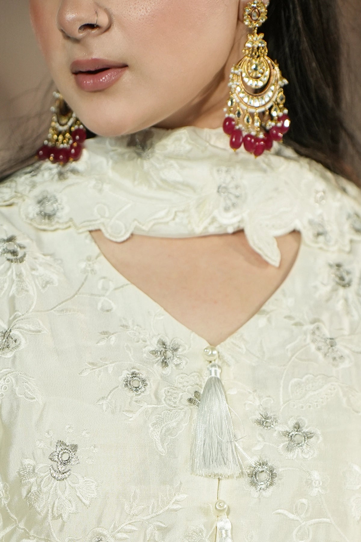 Celeste Pearl White Sheesha Silk Formal Suit with tassel detail, floral embroidery, balloon pants and silk choker dupatta