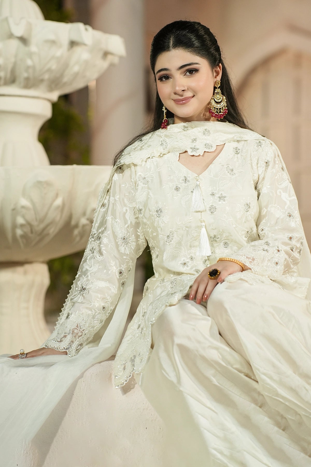 Celeste Pearl White Sheesha Silk Formal Suit with tassel detail, floral embroidery, balloon pants and silk choker dupatta