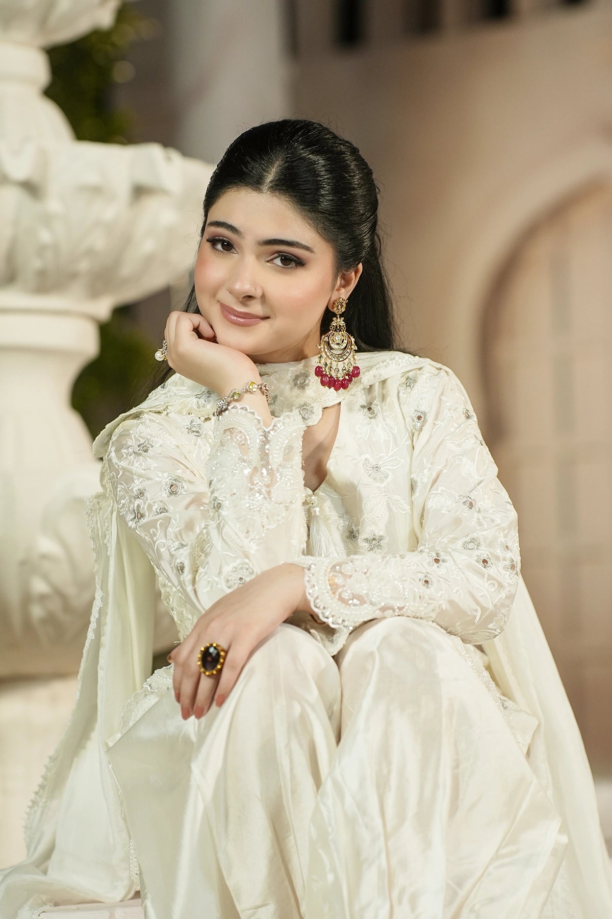 Celeste Pearl White Sheesha Silk Formal Suit with tassel detail, floral embroidery, balloon pants and silk choker dupatta