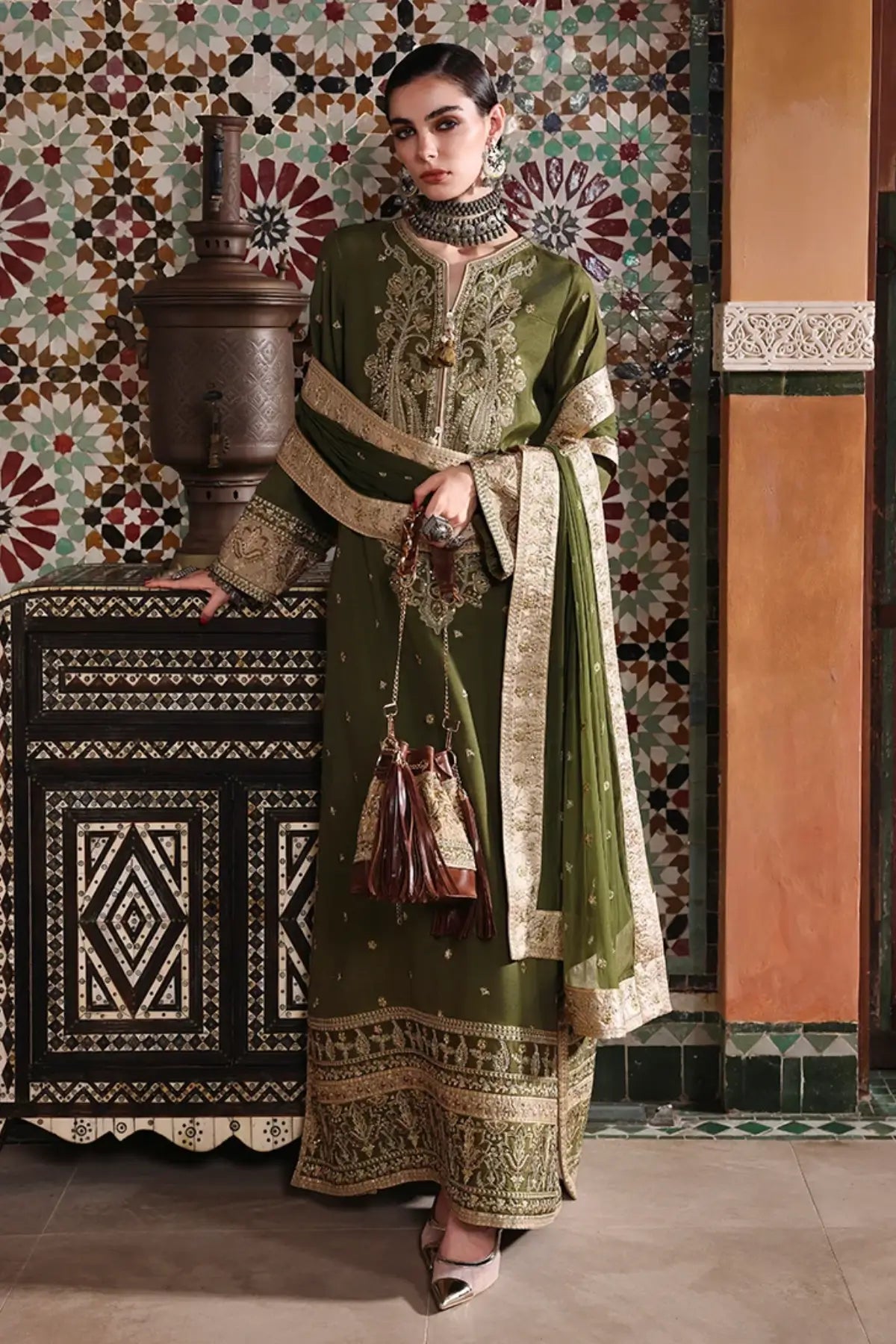 Celestia Crown Nuvera olive embroidered raw silk wedding stitched 3PC suit with chiffon dupatta