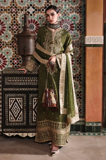 Celestia Crown Nuvera olive embroidered raw silk wedding stitched 3PC suit with chiffon dupatta