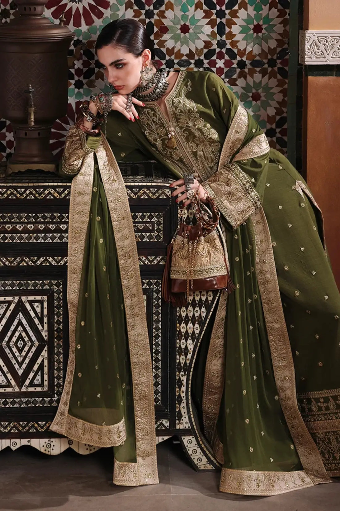 Celestia Crown Nuvera olive embroidered raw silk wedding stitched 3PC suit with chiffon dupatta