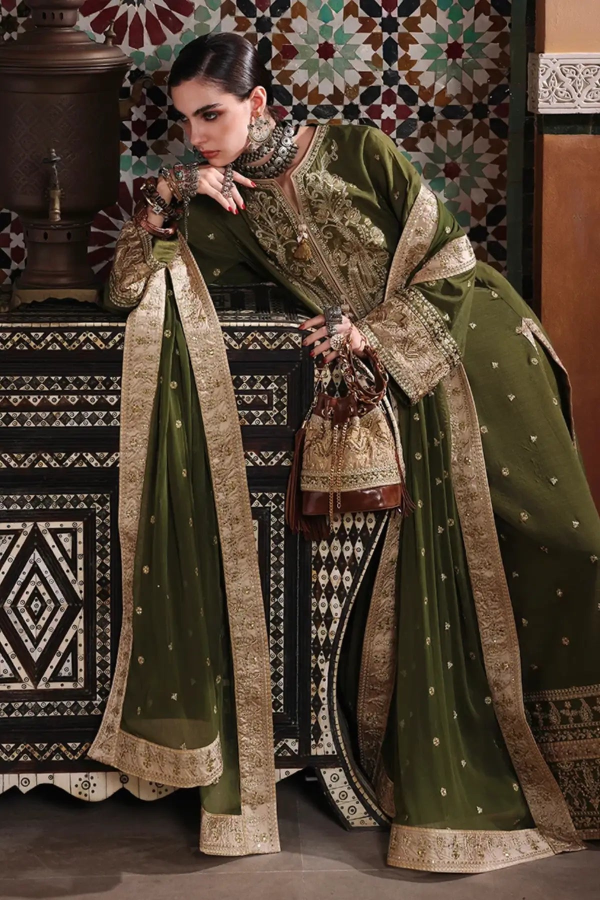 Celestia Crown Nuvera olive embroidered raw silk wedding stitched 3PC suit with chiffon dupatta
