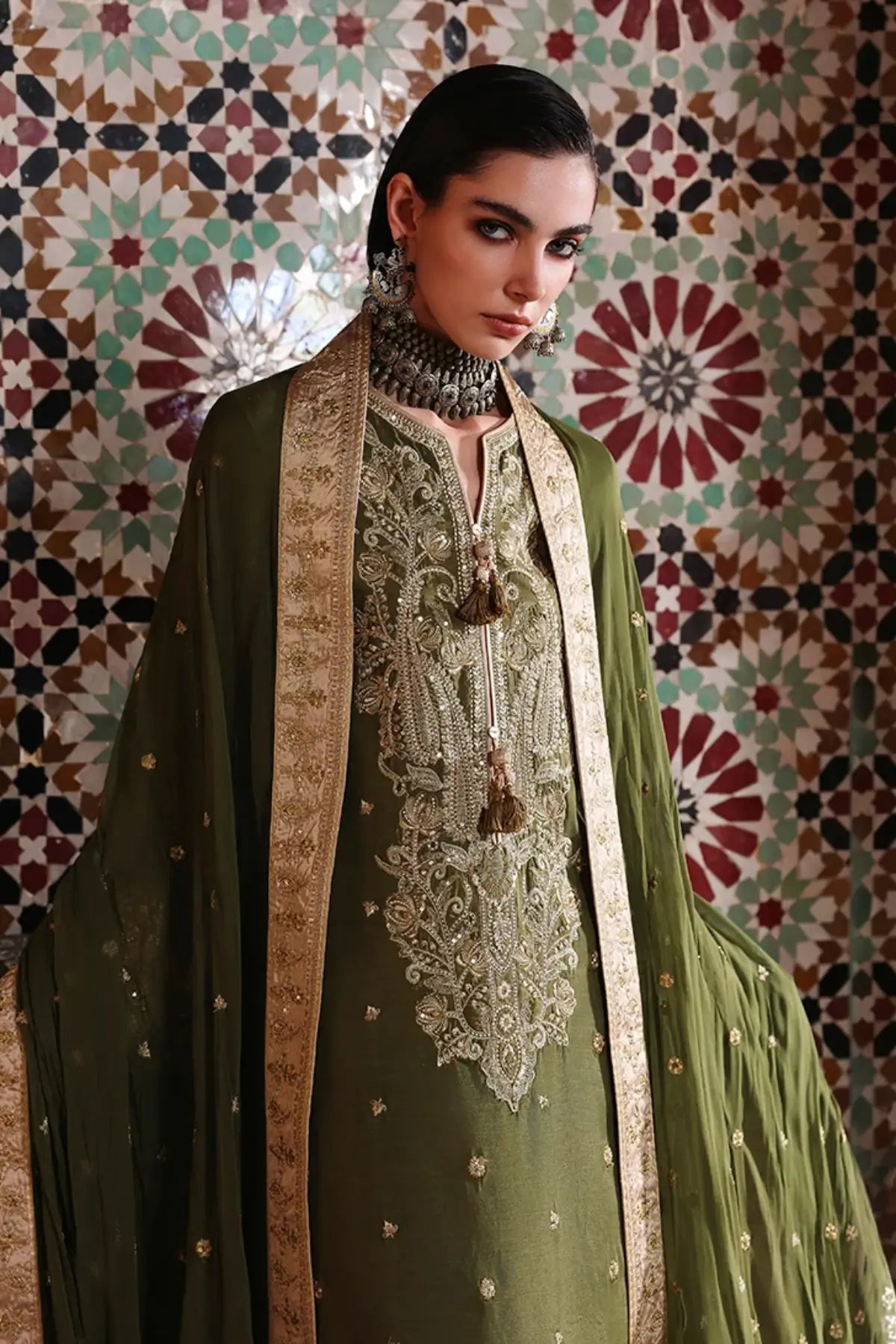 Celestia Crown Nuvera olive embroidered raw silk wedding stitched 3PC suit with chiffon dupatta