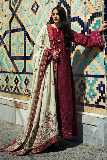 Celestial Queen by Mushq Broadway Winter 2026 red embroidered jacquard stitched 3PC suit with woolen shawl