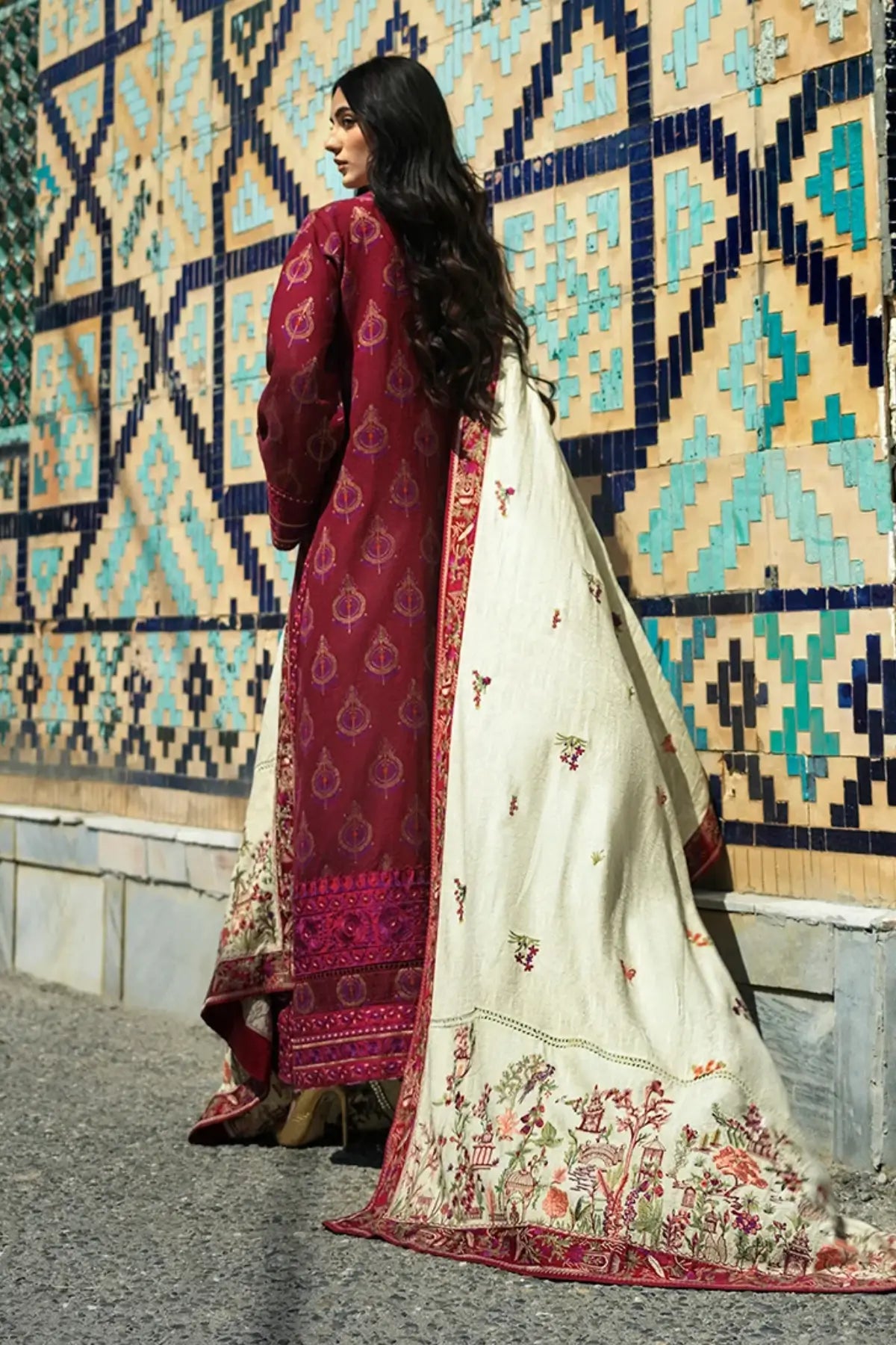 Celestial Queen by Mushq Broadway Winter 2026 red embroidered jacquard stitched 3PC suit with woolen shawl
