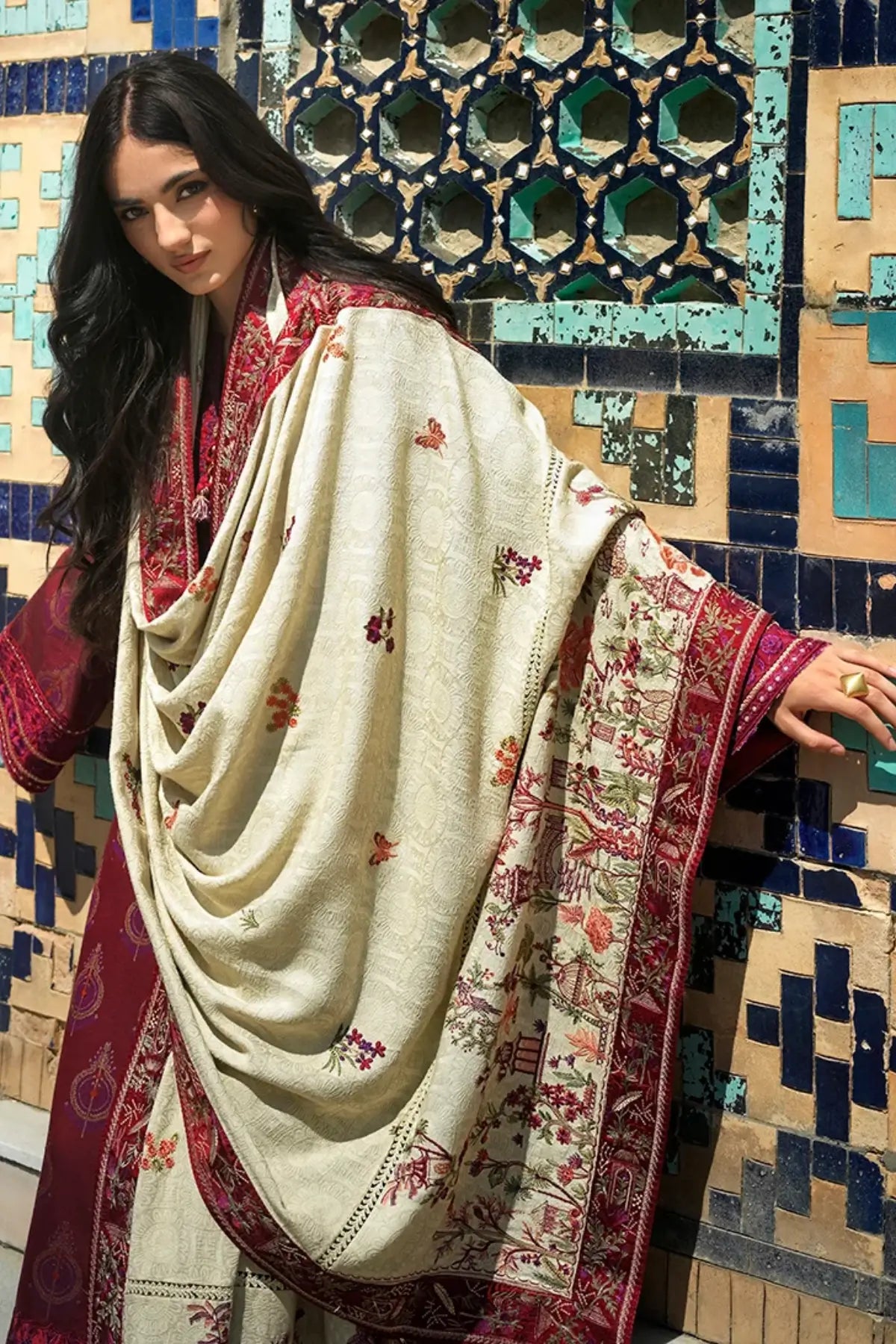 Celestial Queen by Mushq Broadway Winter 2026 red embroidered jacquard stitched 3PC suit with woolen shawl