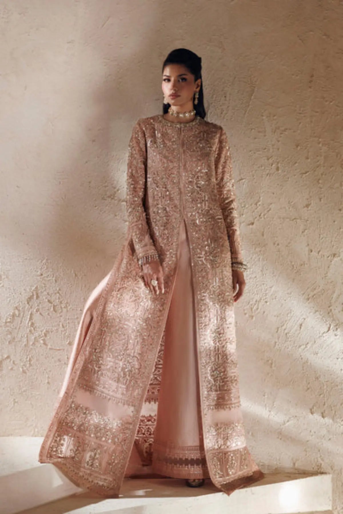 Célestine Modern Muse 26 dusty rose embellished organza stitched engagement suit with self-silk trousers and embroidered net dupatta