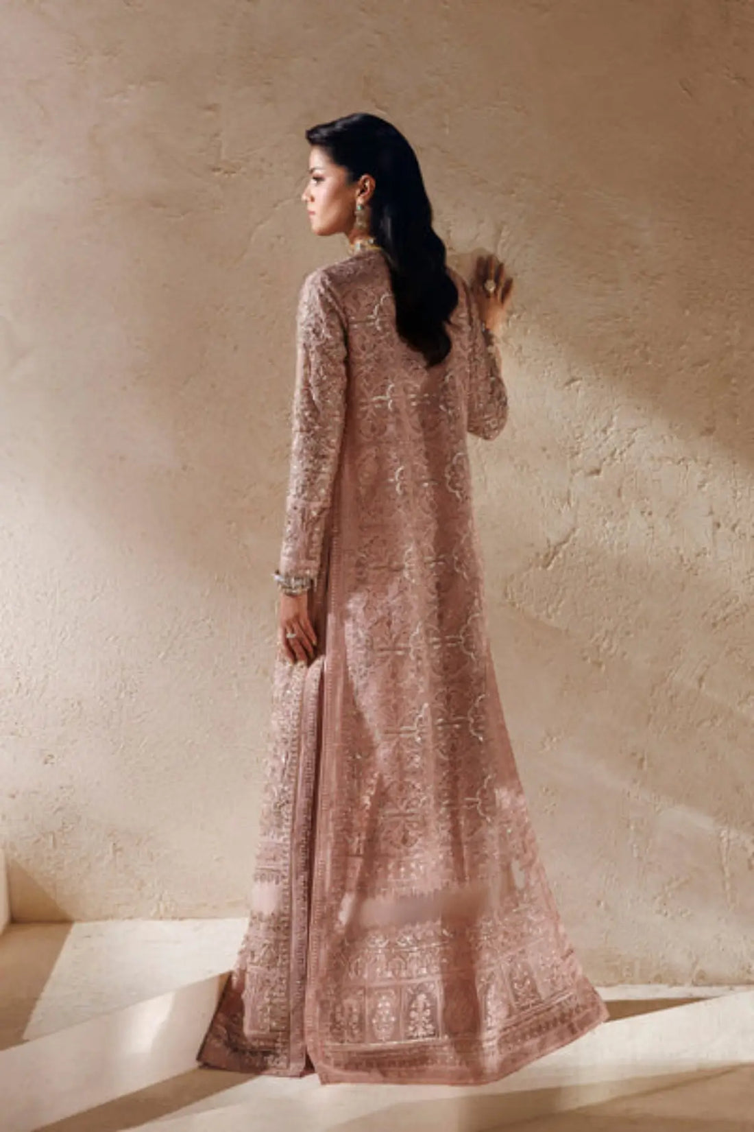 Célestine Modern Muse 26 dusty rose embellished organza stitched engagement suit with self-silk trousers and embroidered net dupatta